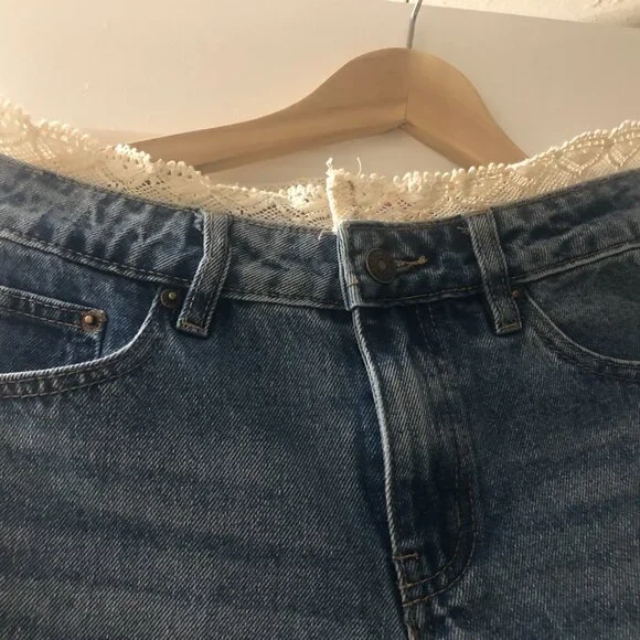 Edikted Wide Leg Jeans, Blue Washed Denim High Lace Trim "S" - Picture 12 of 12